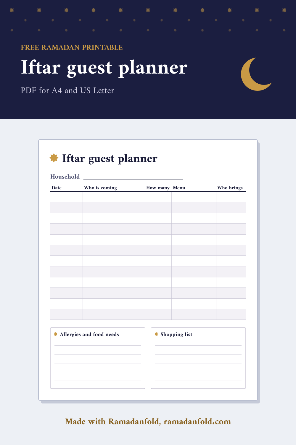 Preview of the printable iftar guest planner: a twelve row table for date, guests, number, menu and who brings what, with boxes for allergies and shopping.